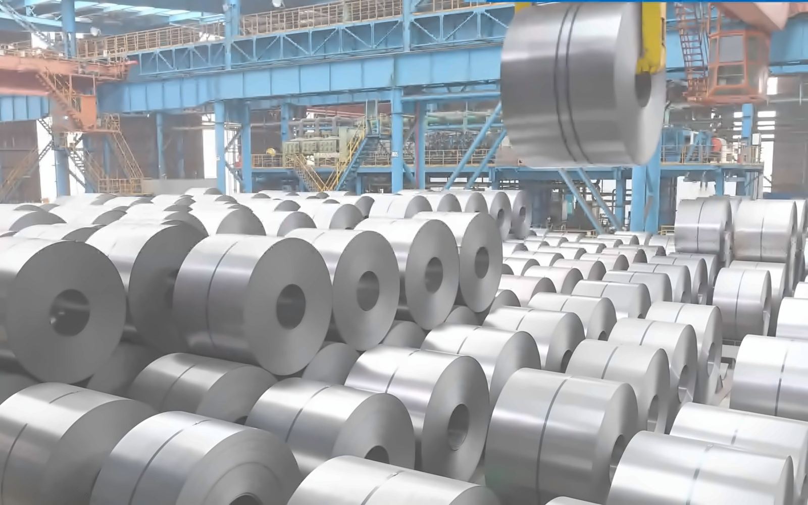 Stainless steel coils in a warehouse